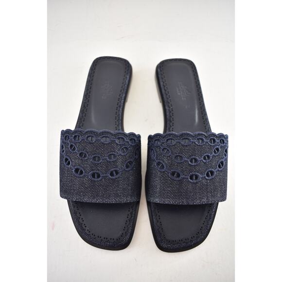Hermes Sandales Gaelle Blue Denim Jeans Oran Slide Sandal Flat Flip Flop 39.5 - Picture 12 of 16